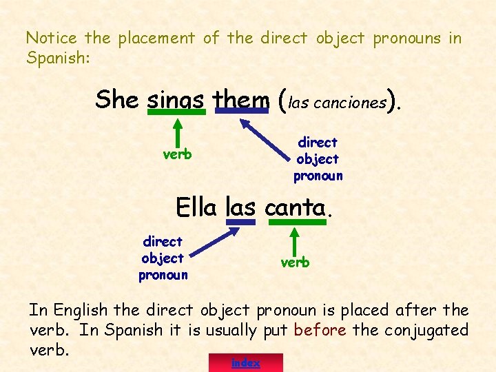 Notice the placement of the direct object pronouns in Spanish: She sings them (las