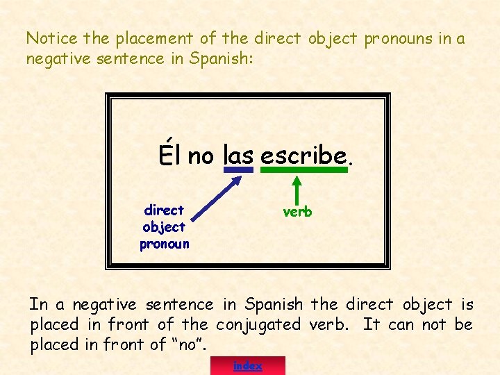 Notice the placement of the direct object pronouns in a negative sentence in Spanish: