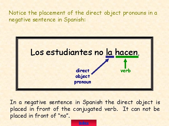 Notice the placement of the direct object pronouns in a negative sentence in Spanish: