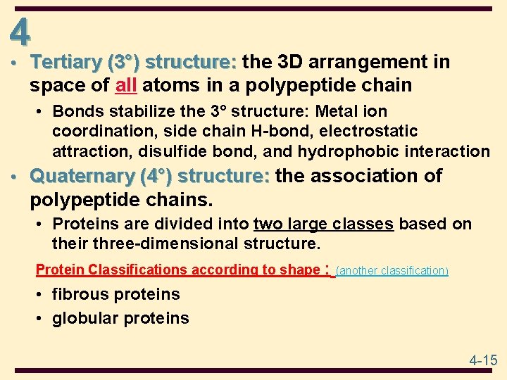 4 • Tertiary (3°) structure: the 3 D arrangement in space of all atoms