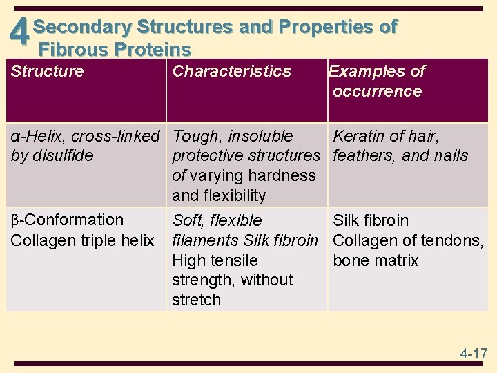 4 Secondary Structures and Properties of Fibrous Proteins Structure Characteristics α-Helix, cross-linked Tough, insoluble