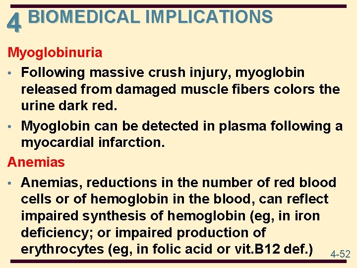 4 BIOMEDICAL IMPLICATIONS Myoglobinuria • Following massive crush injury, myoglobin released from damaged muscle