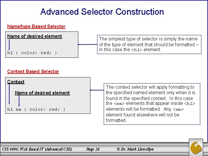 Advanced Selector Construction Name/type Based Selector Name of desired element h 1 { color: