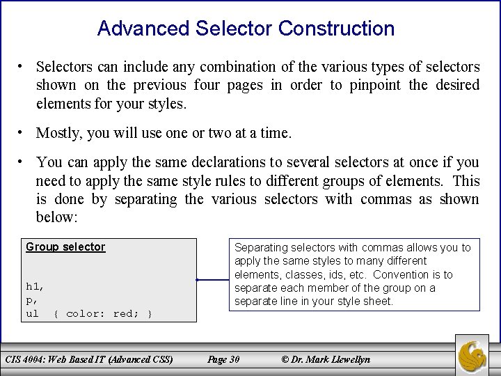 Advanced Selector Construction • Selectors can include any combination of the various types of