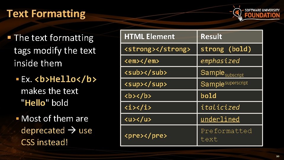 Text Formatting § The text formatting tags modify the text inside them § Ex.