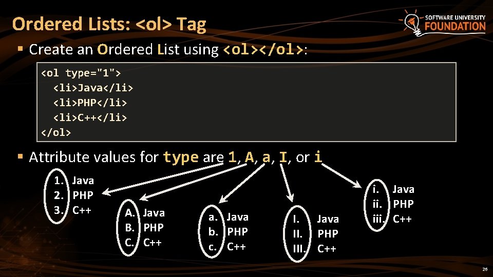 Ordered Lists: <ol> Tag § Create an Ordered List using <ol></ol>: <ol type="1"> <li>Java</li>