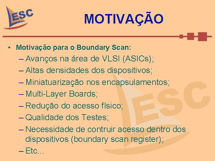 MOTIVAÇÃO • Motivação para o Boundary Scan: – Avanços na área de VLSI (ASICs);