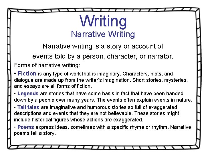 Writing Narrative writing is a story or account of events told by a person,