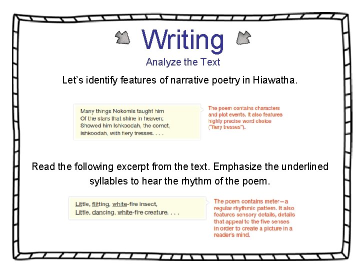 Writing Analyze the Text Let’s identify features of narrative poetry in Hiawatha. Read the