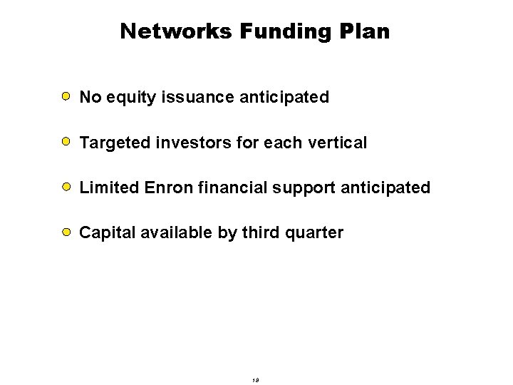 Networks Funding Plan No equity issuance anticipated Targeted investors for each vertical Limited Enron