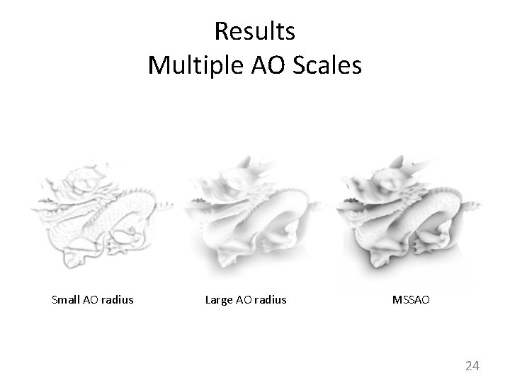 Results Multiple AO Scales Small AO radius Large AO radius MSSAO 24 