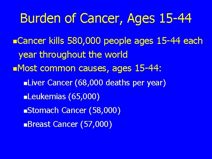 Burden of Cancer, Ages 15 -44 n. Cancer kills 580, 000 people ages 15