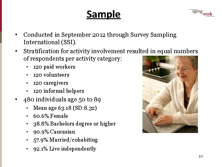 Sample • Conducted in September 2012 through Survey Sampling International (SSI). • Stratification for