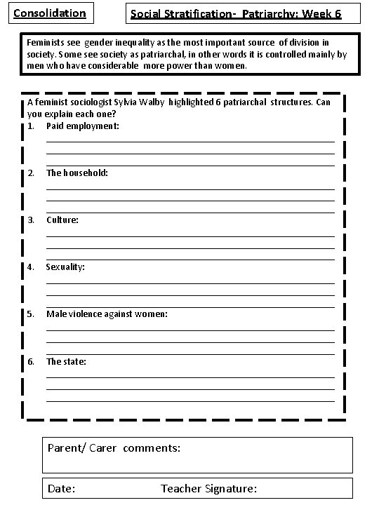 Consolidation Social Stratification- Patriarchy: Week 6 Feminists see gender inequality as the most important
