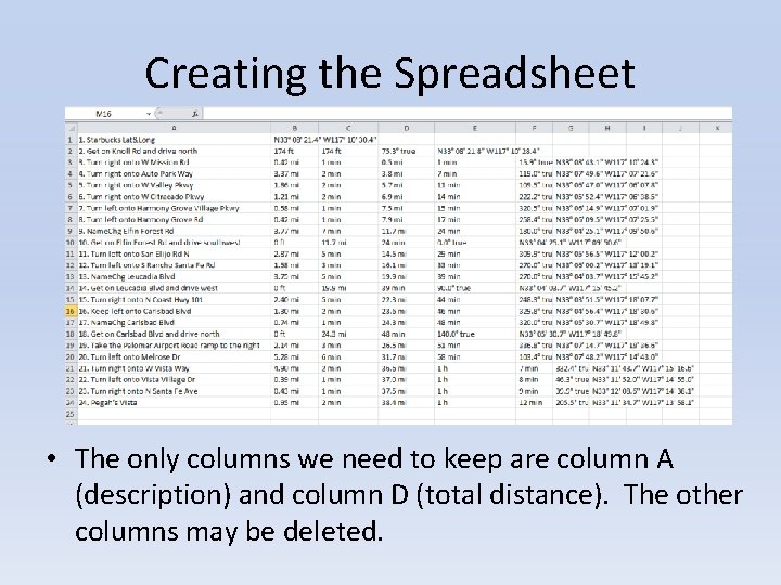 Creating the Spreadsheet • The only columns we need to keep are column A