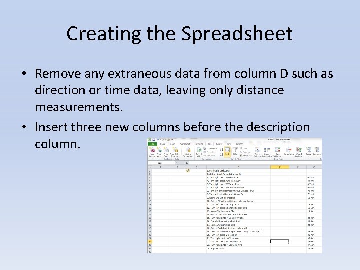 Creating the Spreadsheet • Remove any extraneous data from column D such as direction