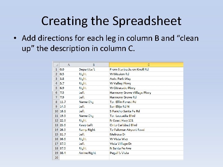 Creating the Spreadsheet • Add directions for each leg in column B and “clean