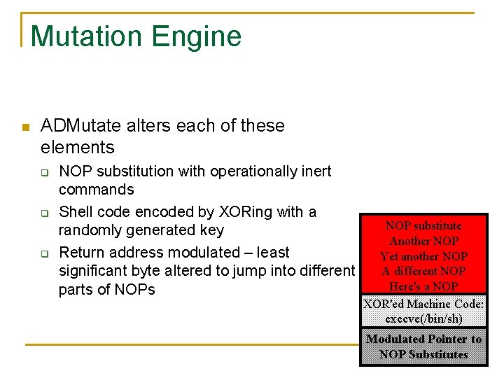 Mutation Engine n ADMutate alters each of these elements q q q NOP substitution