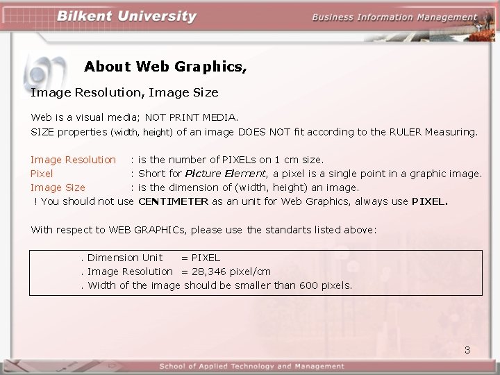 About Web Graphics, Image Resolution, Image Size Web is a visual media; NOT PRINT