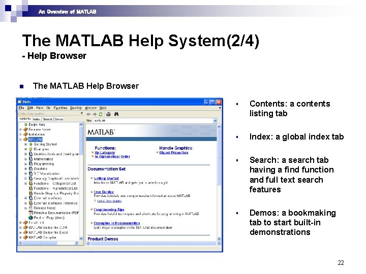 An Overview of MATLAB The MATLAB Help System(2/4) - Help Browser n The MATLAB