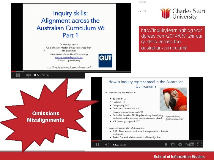 http: //inquirylearningblog. wor dpress. com/2014/05/12/inqui ry-skills-across-theaustralian-curriculum/ Omissions Misalignments School of Information Studies 