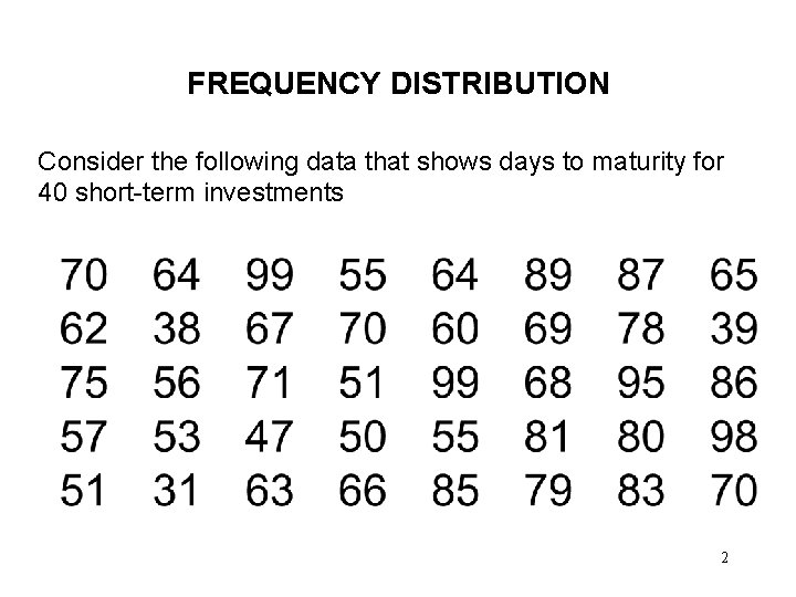 FREQUENCY DISTRIBUTION Consider the following data that shows days to maturity for 40 short-term