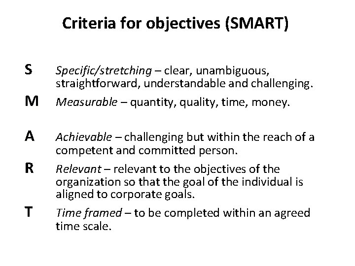 Criteria for objectives (SMART) S M A R T Specific/stretching – clear, unambiguous, straightforward,