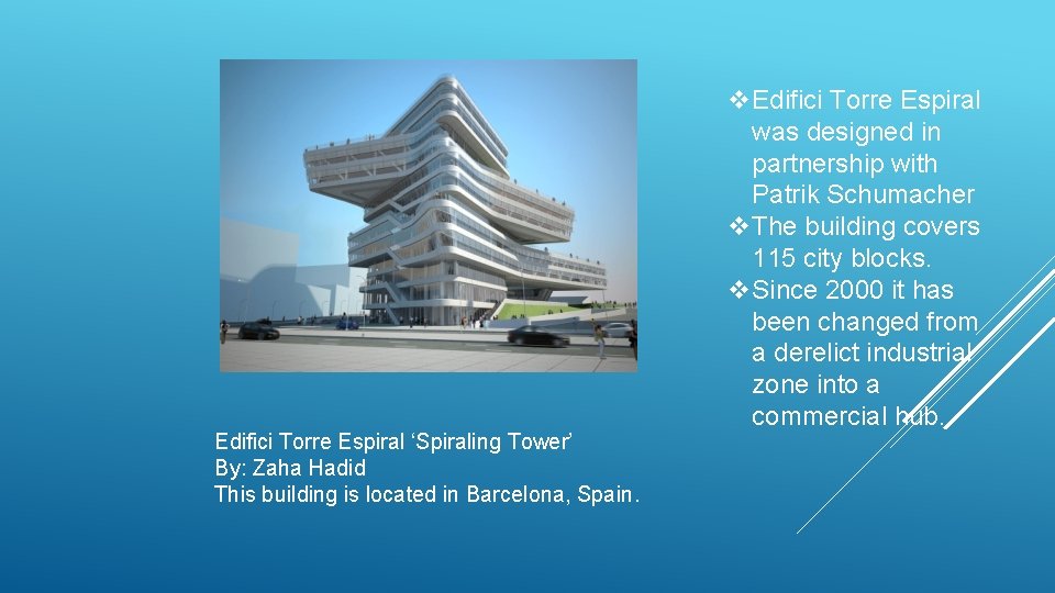 Edifici Torre Espiral ‘Spiraling Tower’ By: Zaha Hadid This building is located in Barcelona,