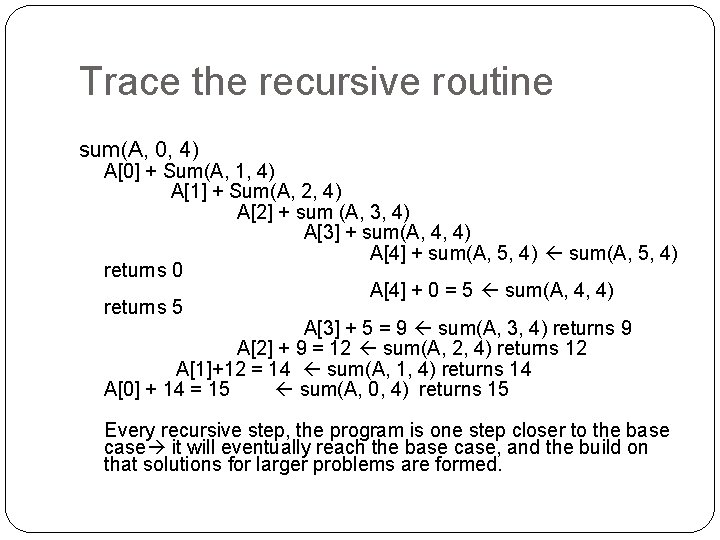 Trace the recursive routine sum(A, 0, 4) A[0] + Sum(A, 1, 4) A[1] +