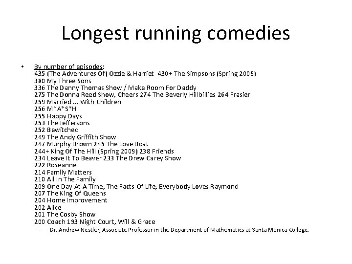 Longest running comedies • By number of episodes: 435 (The Adventures Of) Ozzie &