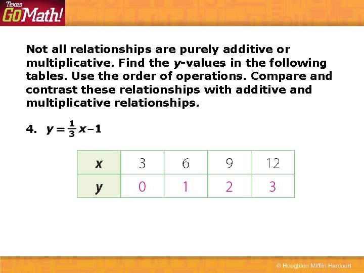 Not all relationships are purely additive or multiplicative. Find the y-values in the following
