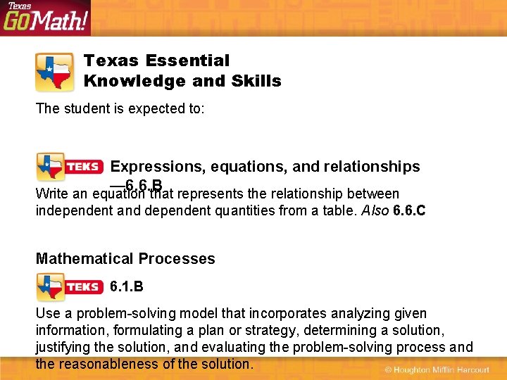 Texas Essential Knowledge and Skills The student is expected to: Expressions, equations, and relationships