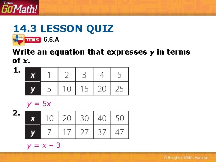 14. 3 LESSON QUIZ 6. 6. A Write an equation that expresses y in