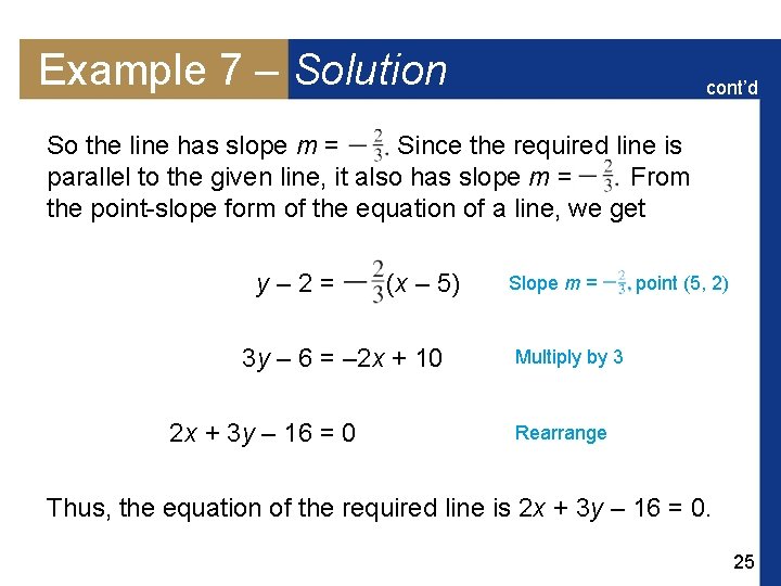 Example 7 – Solution cont’d So the line has slope m = Since the