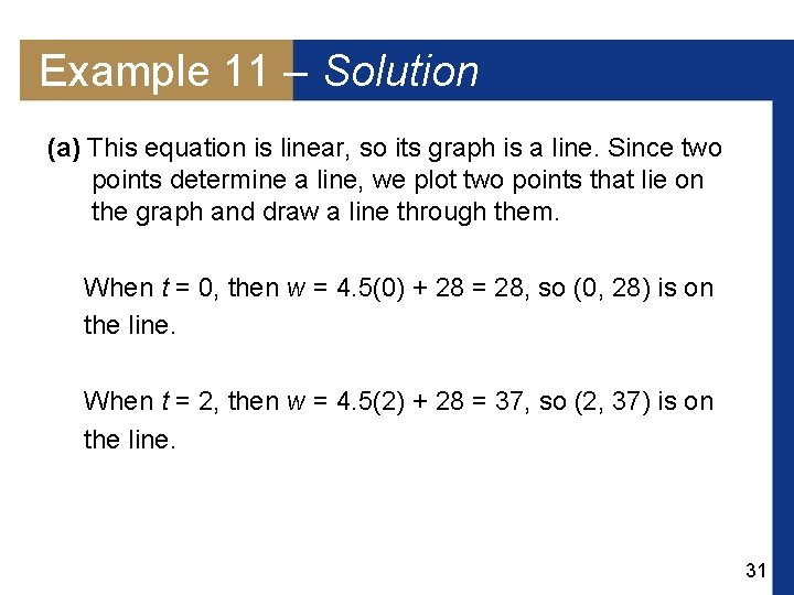 Example 11 – Solution (a) This equation is linear, so its graph is a