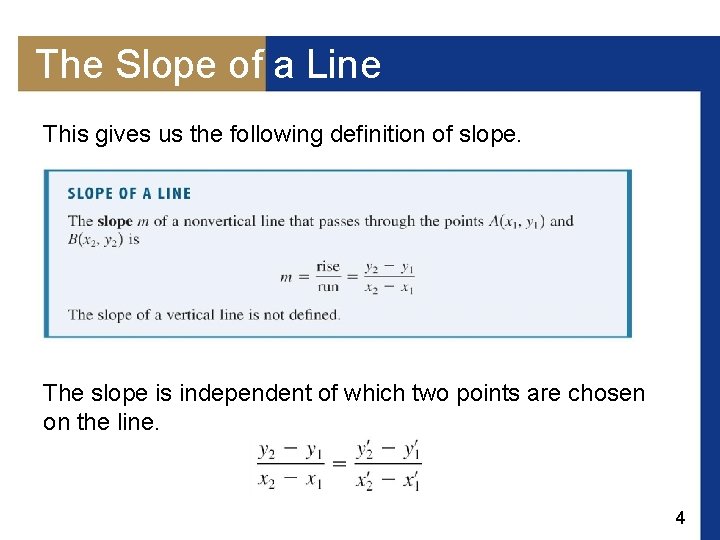 The Slope of a Line This gives us the following definition of slope. The