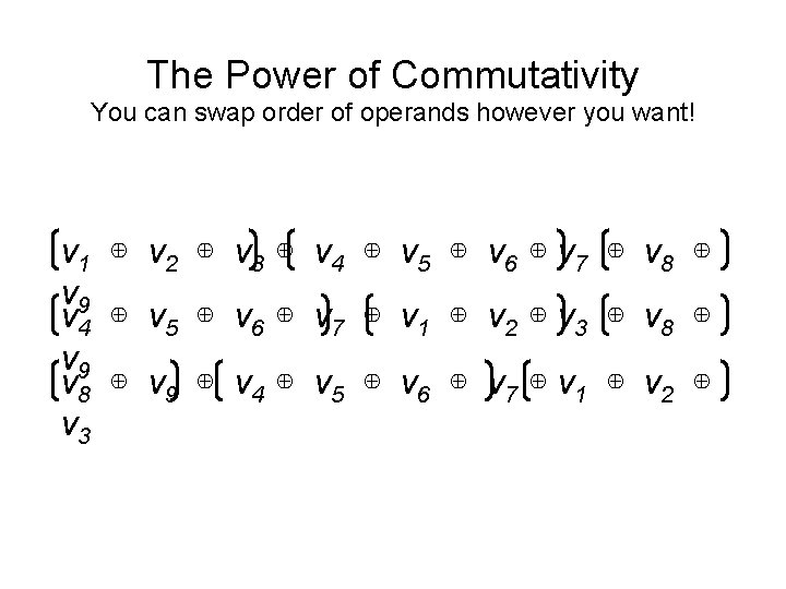 The Power of Commutativity You can swap order of operands however you want! v