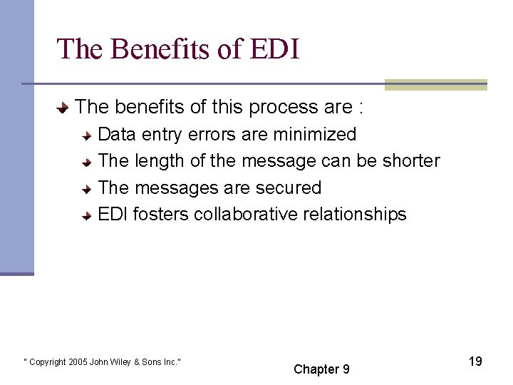 The Benefits of EDI The benefits of this process are : Data entry errors