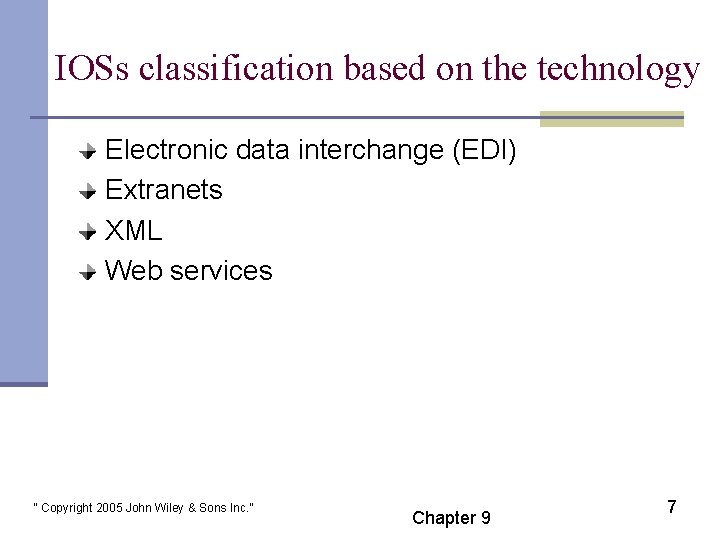 IOSs classification based on the technology Electronic data interchange (EDI) Extranets XML Web services