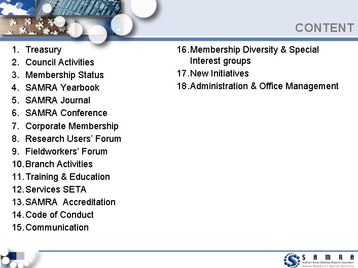 CONTENT 1. Treasury 2. Council Activities 3. Membership Status 4. SAMRA Yearbook 5. SAMRA