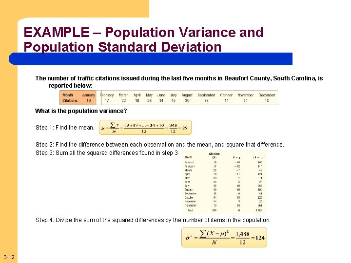 EXAMPLE – Population Variance and Population Standard Deviation The number of traffic citations issued
