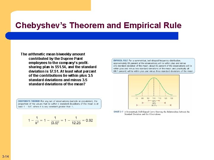 Chebyshev’s Theorem and Empirical Rule The arithmetic mean biweekly amount contributed by the Dupree