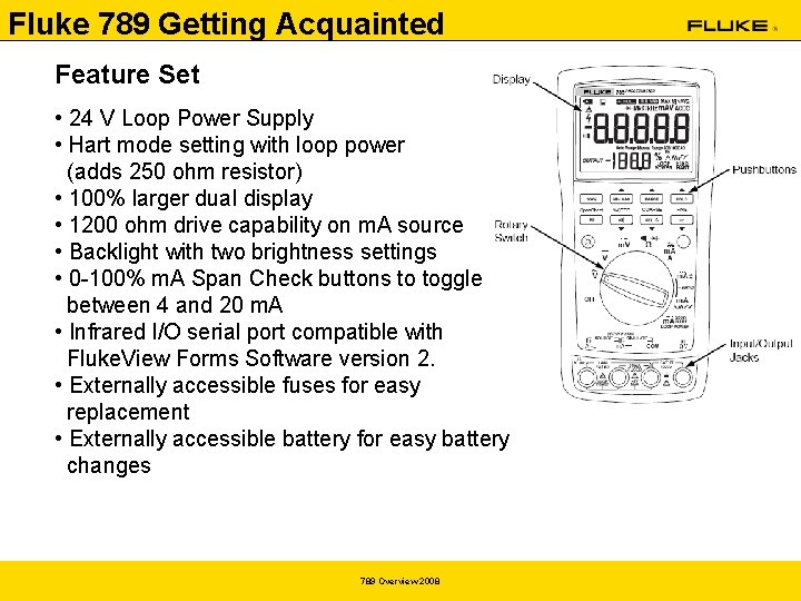 Fluke 789 Getting Acquainted Feature Set • 24 V Loop Power Supply • Hart