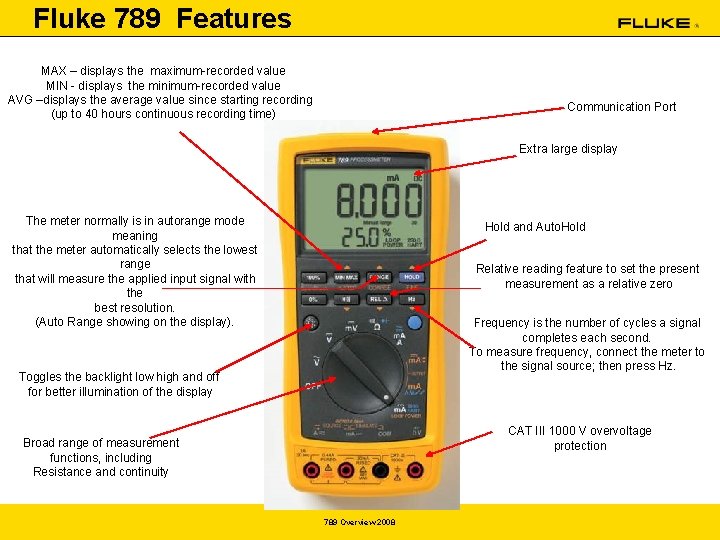 Fluke 789 Features MAX – displays the maximum-recorded value MIN - displays the minimum-recorded