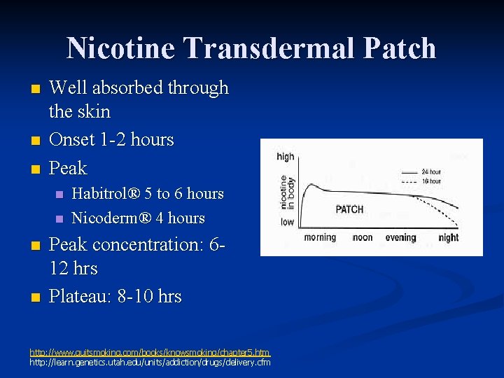 Nicotine Transdermal Patch n n n Well absorbed through the skin Onset 1 -2
