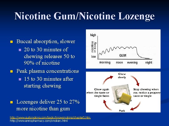 Nicotine Gum/Nicotine Lozenge n n n Buccal absorption, slower n 20 to 30 minutes