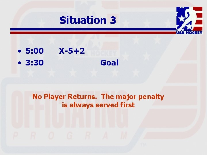 Situation 3 • 5: 00 • 3: 30 X-5+2 Goal No Player Returns. The