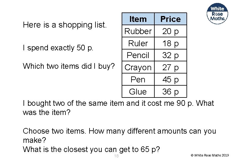 Here is a shopping list. I spend exactly 50 p. Which two items did