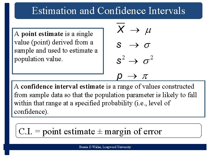 Estimation and Confidence Intervals A point estimate is a single value (point) derived from