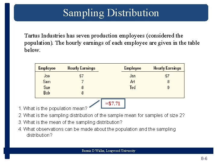 Sampling Distribution Tartus Industries has seven production employees (considered the population). The hourly earnings